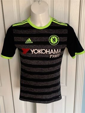 adidas Chelsea Kids Black & Neon Green Stripe Football Jersey